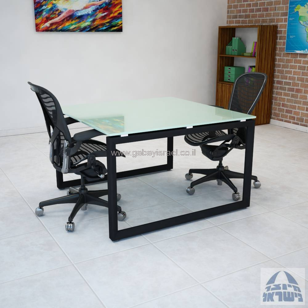 שולחן ישיבות יוקרתי דגם DIAMOND זכוכית לבנה מחוסמת רגליים בצבע שחור